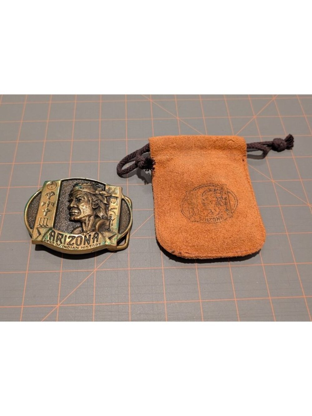 Vintage Arizona Solid Brass Belt Buckle Native American Design Suede Pouch - Picture 12 of 13